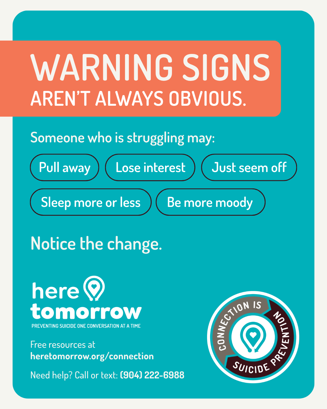 Infographic about subtle warning signs of suicide, including changes in mood, sleep, and behavior, with mental health resources and a crisis contact number for suicide prevention at the bottom.