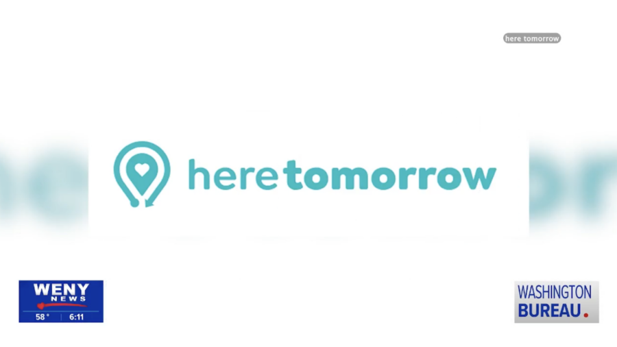 Logo featuring a blue map pin icon and the words "here tomorrow" in lowercase. News graphics display "WENY News" and "WASHINGTON BUREAU." The design highlights Mental Health Awareness during Mental Health Month.